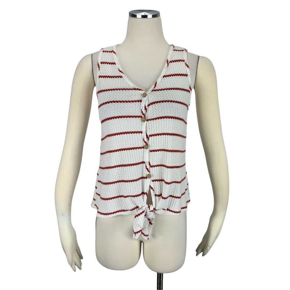 Anthropologie Paper Crane Small Tank Top Striped Nautical Front Tie Red White TM